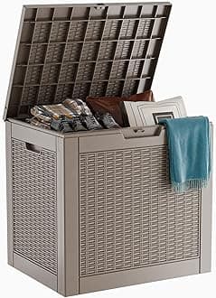 ROJIK Outdoor Storage Housing Deck Box - Waterproof Patio Furniture, Garden Tools, Cushions, Pool Accessories Storage Bench with Lockable Lid and Side Handles (Grey Rattan, 30 Gal)