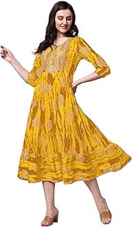 MIRCHI FASHIONWomen's Cotton Blend Printed A-Line Kurti with Sequins Embroidered & Foil Work (in, Alpha, M, Yellow)