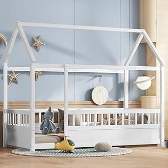 Twin Size House Bed with High Fence for Kids,Twin Floor Bed Frame, Kids Montessori Bed Twin Size,Solid Wood House Bed Frame for Boys,Girls,White