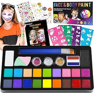 Face Painting Kit for Kids - 20 Colors Water Based Non-Toxic Paint With Stencils & Brushes - Professional Body Makeup Kit for Parties, Birthdays, Halloween