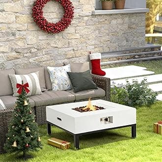 ECOTOUGE 32" Patio Propane Fire Pit Table, 50,000 BTU Square Concrete Fire Table with Shelves, Weather-Resistant Pit Cover, Auto-Ignition, Free Lava Rocks, White