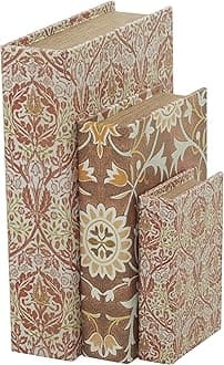 Deco 79 Faux Leather Decorative Box Faux Storage Book Book Shaped Boxes with Cream Floral Patterns, Set of 3 Decorative Keepsake Boxes 12", 9", 6"H, Orange
