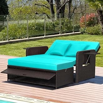 Nightcore Wicker Patio Outdoor Daybed, Outdoor Chaise Lounger w/ 4-Level Adjustable Backrest, Retractable Side Trays, Storage Ottoman, Comfortable & Removable Cushions, Rattan Loveseat (Turquoise)