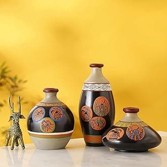 Earthenware 'Madhubani Jungle' Black Handpainted Earthen Terracotta Flower Vase, Oblong Terracotta Decorative Vases For Home Decor Earthen Pots For Home & Office (Set Of 3)