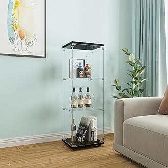 Beauty4U One-Door Glass Display Cabinet, Black Curio Cabinets for Living Room, Bedroom, Office, Collection Display, Quick Installation in 30 Mins, 3 Shelves Black Floor Standing Glass Bookshelf