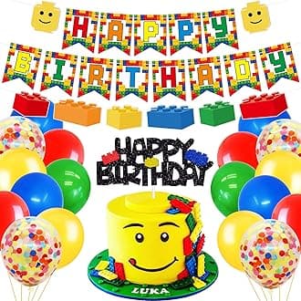 Building Blocks Themed Birthday Party Decorations Pack - Includes Glitter Cake Topper Banners and Balloons - Summer Colorful Themed Bday Party Pack Supplies