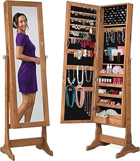 Best Choice Products Freestanding Jewelry Armoire Cabinet, Full Length Standing Mirror, Lockable Makeup Storage Organizer, w/Velvet Interior, 3 Tilt Angles, Lock, Accessory Pouch, 5 Shelves - Brown