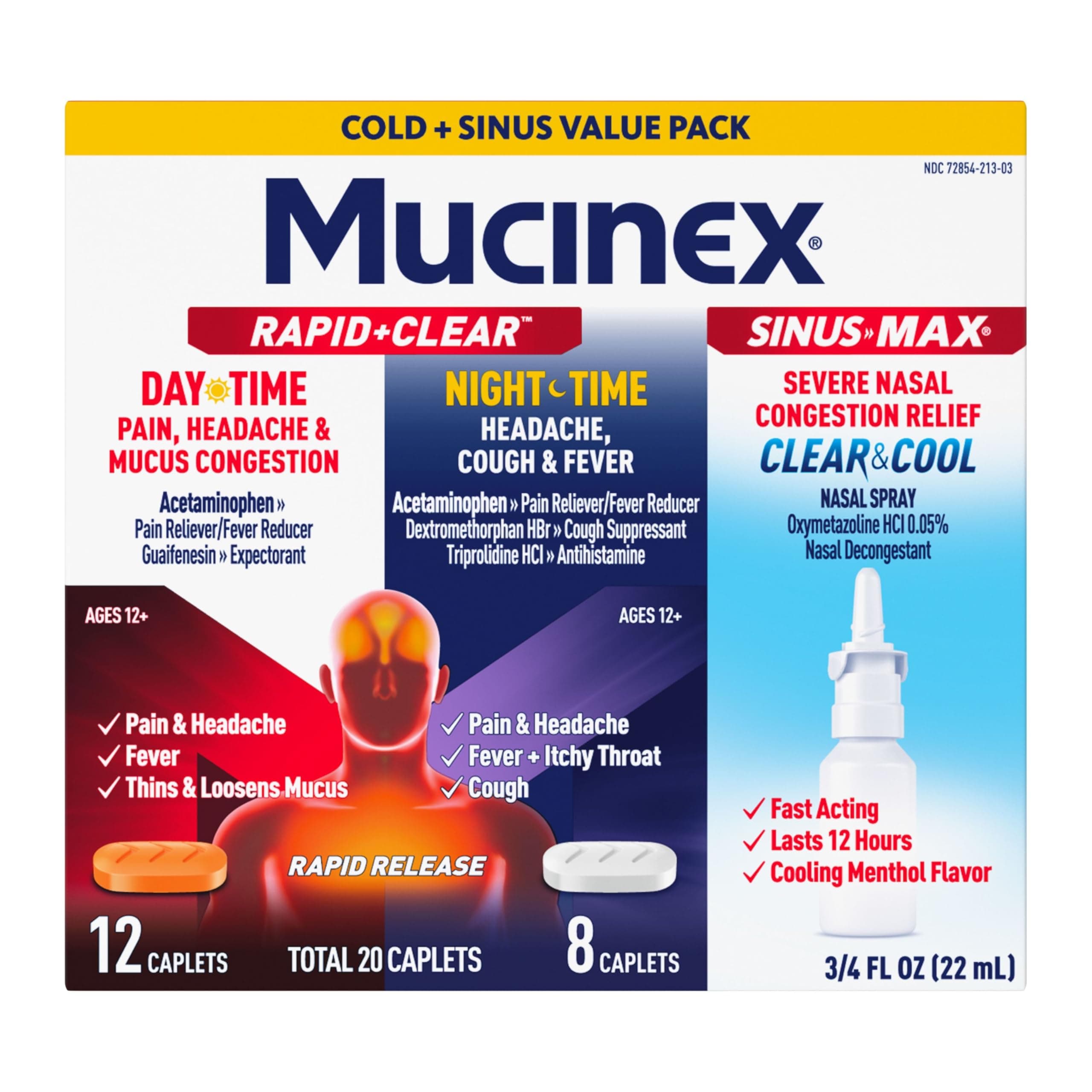 Mucinex Rapid+Clear Maximum Strength Day & Night Cold and Flu Medicine for Adults (20 caplets) + Sinus Pressure Relief Nasal Spray (0.75 oz), Over-The-Counter Medication Combo Pack for Symptom Relief