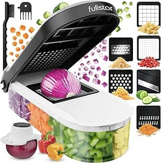 Fullstar Vegetable Chopper & Mandoline Slicer - Julienne Cutter Dicer Grater for Food Veg Onion Cucumber Tomato Salad Potato Cheese - Kitchen Gadgets & Accessories (Compact 6-in-1, White)