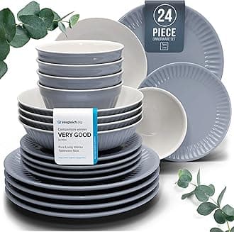 24-Piece Dinnerware Set - Bowl and Plate Set - Stoneware Dining Set for 6 People - Dishwasher and Microwave Safe - Grooved Dining Service in Grey-Blue