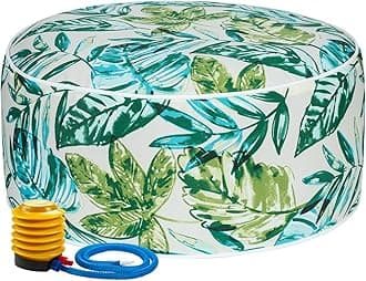 Inflatable Outdoor Ottoman with Air Pump,20"x9" Portable Patio Pouf,Water Resistant,Fade-Resistant,Round Blow Up Footrest Stools for Home Garden Camping Travel(Palm Leaf)