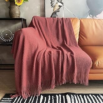 LOMAO Knitted Throw Blanket with Tassels Bubble Textured Soft Blanket Lightweight Throws for Couch Cover Home Decor (Red Mud, 50x60)