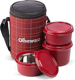 SOPL-OLIVEWARE Amber Lunch Box, Microwave Safe & Leak Proof, 3 Inside Steel Containers with BPA Free Lids (2 * 450ml & 600ml), Fabric Bag - Red