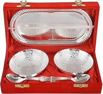 R Ayurveda Copper German Silver Bowl Set with Royal Velvet Gift Box Capsule Shape Tray Round Bowls with Spoon in Gift Box for Wedding Return and Festive Gifting