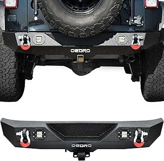 OEDRO Rear Bumper Combo Compatible for 07-18 Jeep Wrangler JK & Unlimited with 2" Hitch Receiver & 2 D-ring & 2x Square LED Lights, Star Guardian Design, Upgraded Textured Black Rock Crawler Off Road