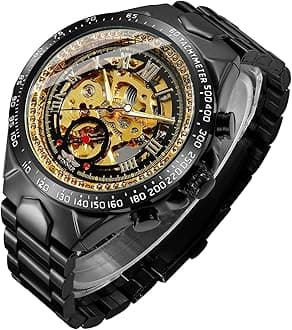 Bestn Men's Self-Wind Mechanical Wrist Watch Skeleton Design Stainless Steel Band Roman Numeral All black-1