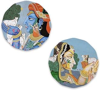 Artvibes Radha Krishna Round Shape Wooden Wall Hanging Decor | Decorative Hanging Items for Living Room | Gifts | Modern Wall Decoration Artworks for Home | Designer Painting Art Item (WH_8816)
