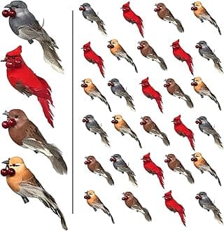 BANBERRY DESIGNS Feathered Song Bird Clip-On Christmas Ornaments - Set of 32 - Assorted Styles of Birds with Metal Clips - Cardinals - Orioles - Finches and Chickadees Carrying Red Berries - 4" L