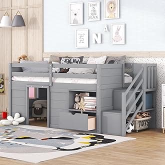 Bellemave Twin Size Low loft Bed for Kids,Wood Loft Beds,Modern Farmhouse Twin loft Bed,Loft Bed with Storage, No Box Spring Needed,for Kids,Gray