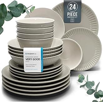 24-Piece Dinnerware Set Hygge Series - Bowl and Plate Set - Stoneware Dining Set for 6 People - Dishwasher and Microwave Safe - Grooved Dining Service in Light Brown