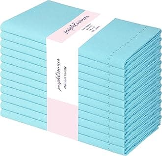 PurpleEssences Set of 12 Hemstitch Cloth Dinner Napkins 100% Cotton - Soft Durable Washable - Ideal for Wedding Spring Easter Summer - Perfect Everyday Use Table Linen 18x18 - Aqua Blue