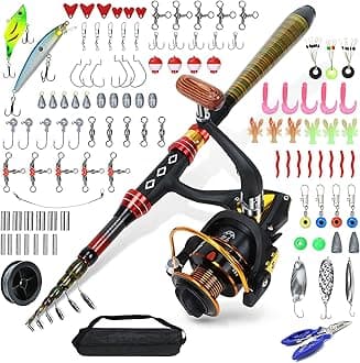 109 PCs Fishing Kit, Carbon Fiber Telescopic Fishing Pole, Portable Telescopic Fishing Rod and Reel Combos, with Portable Bag, high-Strength Alloy Wire Ring, Many variants of Lures
