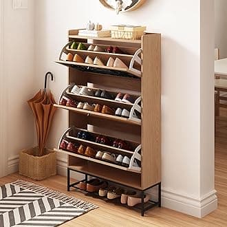 AVZEAR Shoes Cabinet, Narrow Shoes Storage Cabinet with 3 Flip Drawers, Free Standing Shoe Racks Organizer Farmhouse Tipping Bucket with Blackboard, Shoes Cabinet Storage Entryway Hallway, Natural