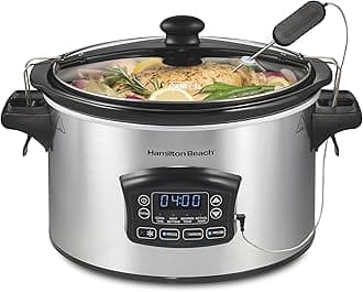 33869 Portable 6-Quart Set & Forget Digital Programmable Slow Cooker with Lid Lock, Defrost Setting, Temperature Probe, Silver