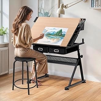 Drafting Table Drawing Desk w/Power Outlet, Art&Craft Work Station Height Adjustable Tilting Tabletop Craft Table Desk w/Stool and 2 Storage Drawers for Home Office, Natural