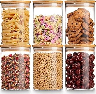 JinelzaGlass Jars Air Tight Canister Borosilicate Kitchen Food Storage Container Set With Natural Bamboo Lids For Candy, Cookie, Rice, Sugar, Flour, Pasta, Nuts (270Ml Jars, 6 Pcs), Transparent