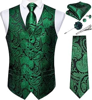 DiBanGu Mens Vest and Tie Set Formal Paisley Waistcoat and Necktie Pocket Square Cufflinks Silk Suit Vest for Tuxedo Wedding