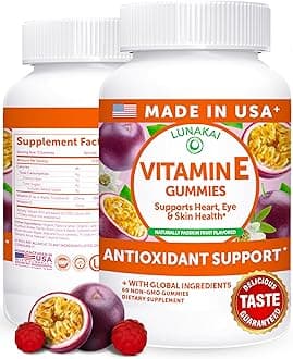 Lunakai USA Made Vitamin E Gummies 400IU with Vitamin C - Delicious, Vegan, Non-GMO Supplement for Daily Skin & Eye Support, 60ct