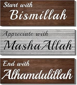 Dazingart Large Islamic Wood Wall Art Quote - Start with Bismillah, Appreciate with MashaAllah, End with Alhamdulillah, Rustic Arabic Calligraphy Wooden Farmhouse Wall Decor, Muslim Decor Kitchen Sign