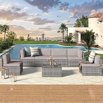 U-MAX 7 Piece Outdoor Patio Furniture Set, PE Rattan Outdoor Wicker Sectional Furniture Chair Set with Cushions and Tea Table, Grey Rattan and Grey Cushion