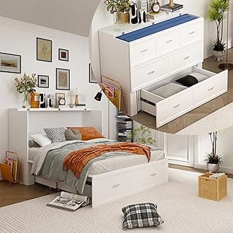 ECACAD Multi-Functional Murphy Cabinet Bed, Full Size Bed Frame Murphy Chest with Built-in Power Strip & 3 Drawers, Full Foldable Platform BedFrame, White