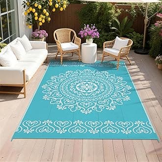 Pauwer Waterproof Outdoor Rug 5x8, Reversible Plastic Straw Patio Camping Rug, Indoor Outdoor RV Mat Carpet for Deck, Camper, Porch, Balcony, Backyard, Picnic, Floral Teal