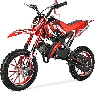 49cc Kids Dirt Bike, 2-Stroke Gas Powered Dirt Bike, Motorcycle with Off-Road Tires, Front/Rear Disc Brakes, Shock Absorption, Soft Seat Cushion, Mini Dirtbike for Kids 8-14, Red