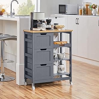 Yaheetech Kitchen Island Cart on Wheels, Rolling Storage Cart with Bamboo Countertop, 3 Drawers, 3 Removable Shelves & Lockable Casters for Dining Room, Bar, Dark Gray