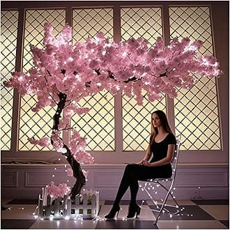 5ft Cherry Blossom Tree Artificial with Lights Faux Pink Artificial Flowers Handmade Fake Japanese Cherry Blossom Trees Decor for Indoor Outdoors