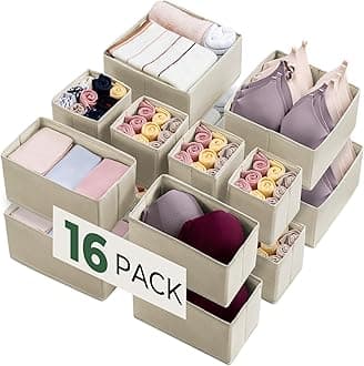 Kootek 16 Pack Neutral Beige Drawer Organizers for Clothing, Dresser, Bedroom, Bathroom, Craft Room, Nursery, Foldable, Durable, Space Saving, Non-Woven Fabric with Plastic Boards, Insert Mount, CADDY