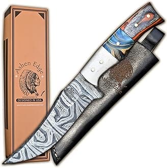 Ashen Edge Damascus Steel 4.3" Hunting Knife | Lightweight 7.8" Total Length ...