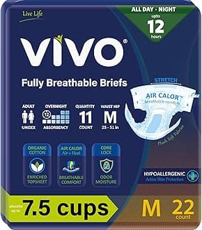 Organic Cotton Overnight Sensitive Skin Adult Incontinence Diaper Briefs with Tabs, Medium 22 Count