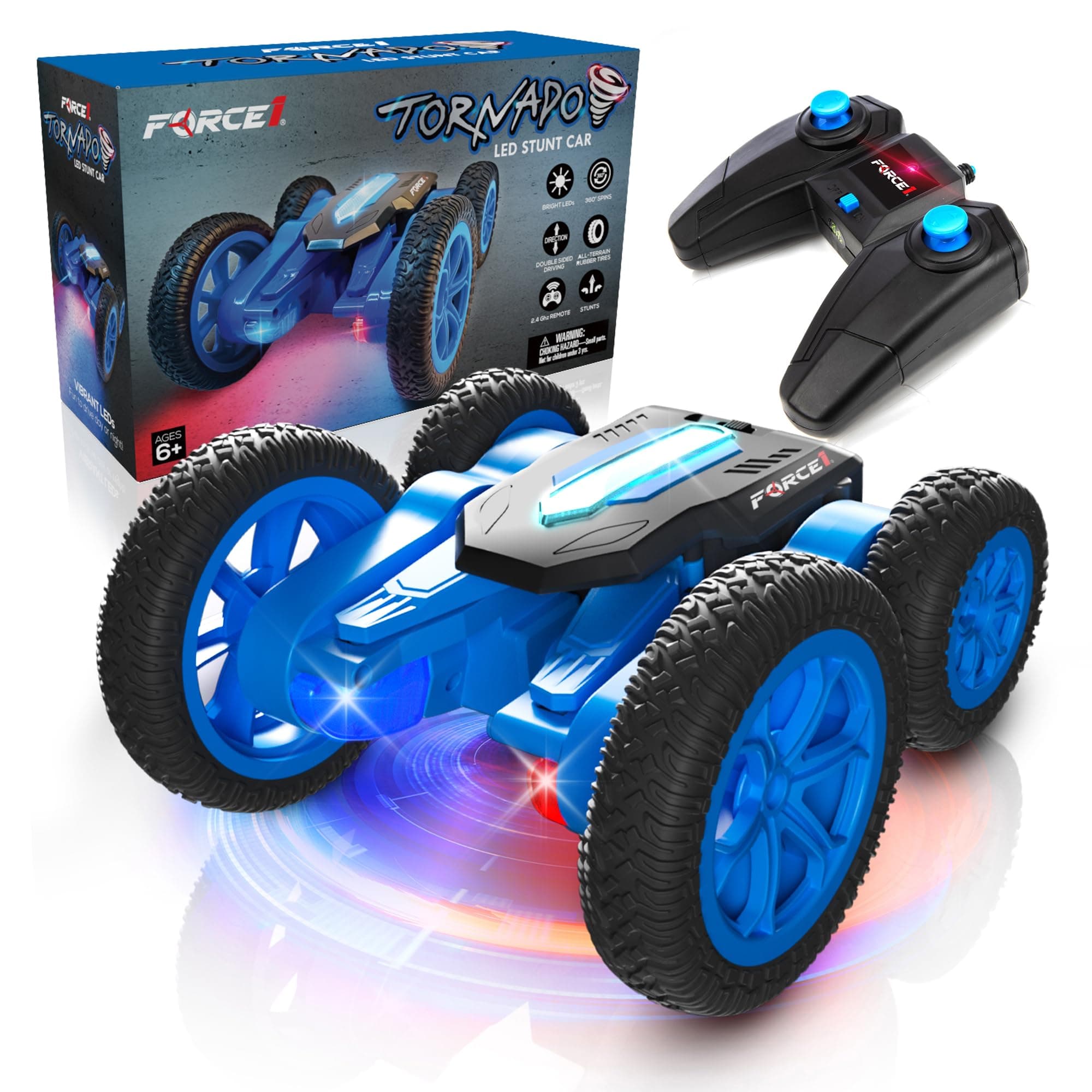 Force1 Tornado LED Remote Control Car for Kids- Double Sided Driving Fast RC Cars 360 Flips, Outdoor 4WD Off Road Stunt Car, All Terrain Tires, RC Crawler Rechargeable Battery and Easy Kids Car Remote