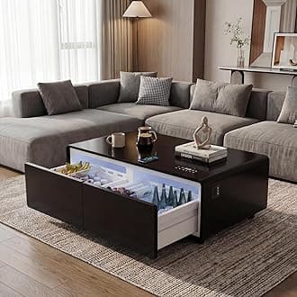 Smart Coffee Table, 27.8" D x 51" W x 18.1" H, Living Room Table with Built in Fridge and Speakers, Smart Table with 15W Wireless Charging, USB Chargers and 110V Outlets (Black)