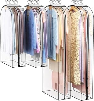 Clear Garment Bag for Hanging Clothes 10” Gusseted, 40&60” Suit Bags for Open Closet Storage Plastic Clothes Cover for Coat, Dress, Shirts, Fur, Jacket, Wardrobe Protectors, 4 Pack