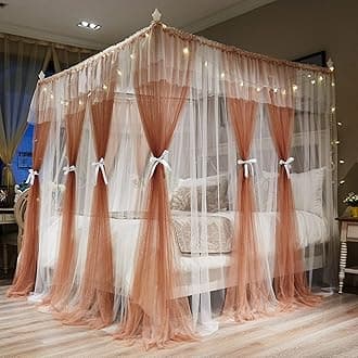 Joyreap Luxury 4 Corners Post Canopy Bed Curtains - Coral & White Cozy Drape Netting - Cute Princess Bedroom Decoration Accessories(Reddish Brown, 47" W x 78" L, Twin)