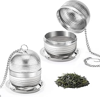 2 Pack Tea Infusers for Loose Tea, Extra Fine Mesh 18/8 Stainless Steel Tea Strainers, Loose Leaf Tea Steeper Tea Ball Tea Diffuser Tea Holder with Extended Chain Hook and Drip Tray
