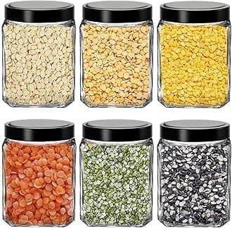 Vency Piramal Glass Cubical Square 600ml Transparent Glass Jars & Containers for Kitchen, Snacks, Masala, Jams, Pickles, Cookies, Dry Fruits, Coffee Storage with Black Plastic Lid (600ml, Set Of 6)