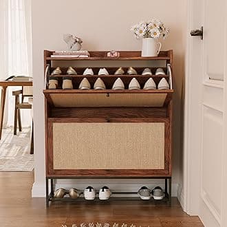 AVZEAR Narrow Shoe Storage Cabinet for Entryway with 2 Flip Drawers, Freestanding Shoe Cabinet with Natural Linen Panel, Slim Wood Shoe Organizer Closed Shoe Rack for Hallway, Foyer(Walnut)