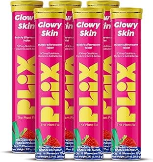 PLIX Glowy Skin 500mg Glutathione Supplement with Hyaluronic Acid, Vitamin C, E & Berries | 90 Effervescent Tablets, Strawberry Flavor